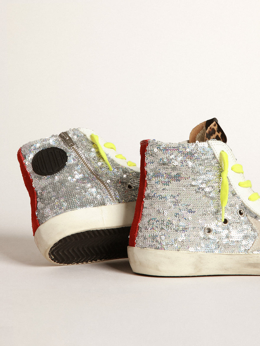 Sneakers Francy con paillettes argento e cavallino leopardato