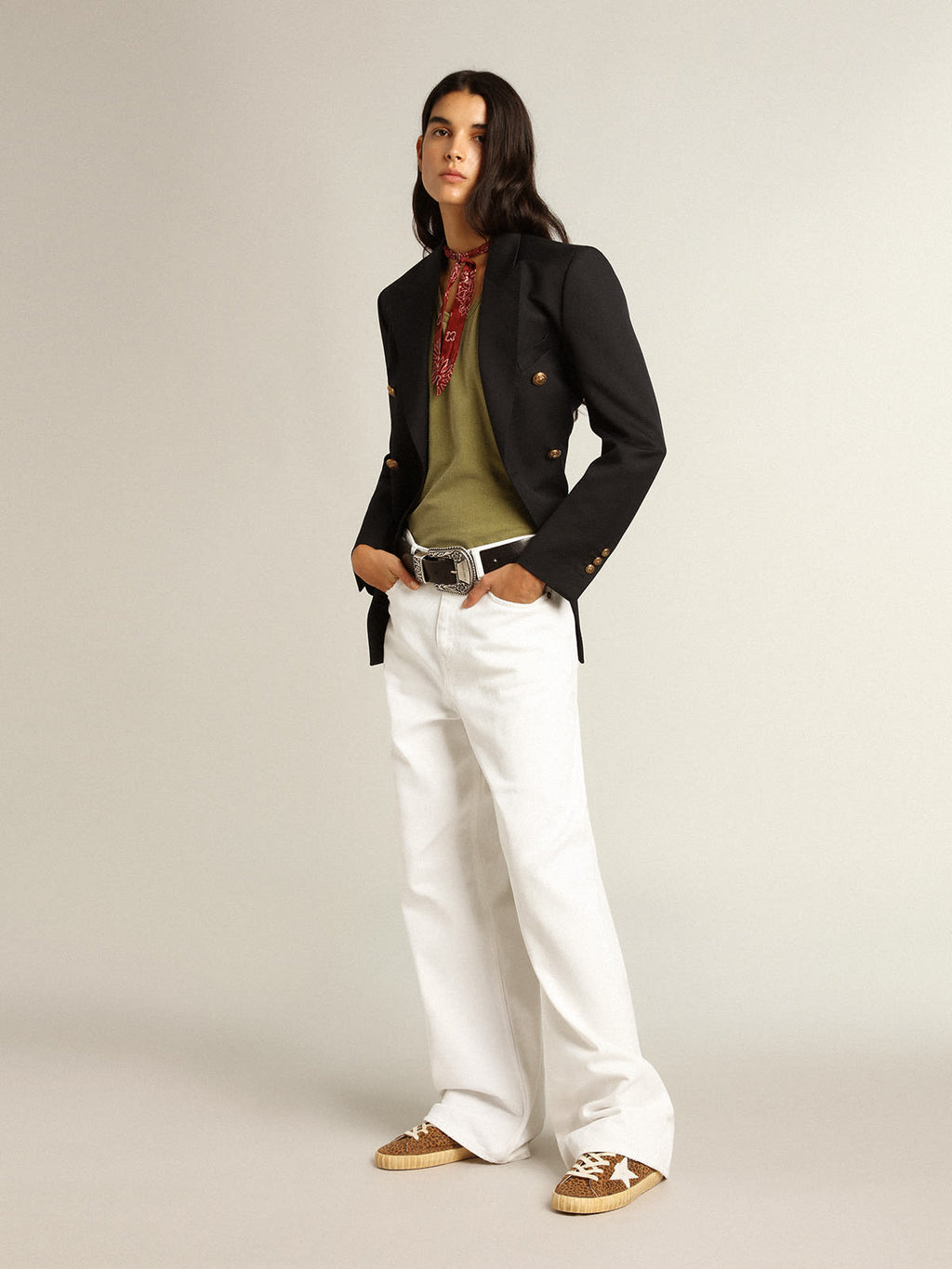 Super-Star in suede con stampa leo e stella in pelle color panna