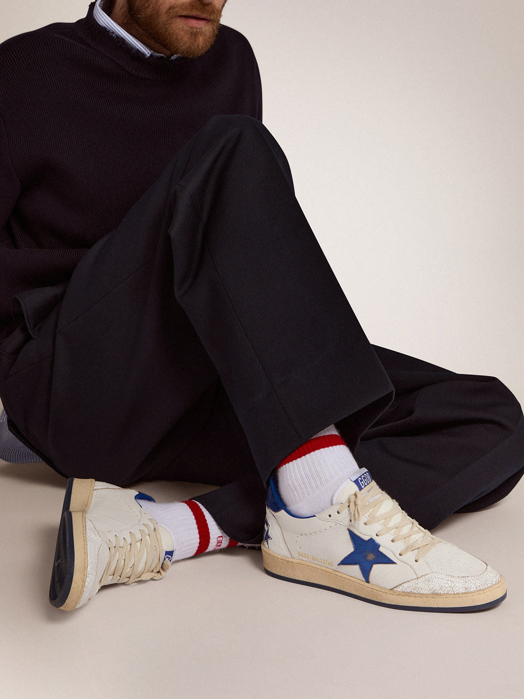Sneaker Ball Star in nappa bianca con stella e talloncino in pelle laminata color bluette