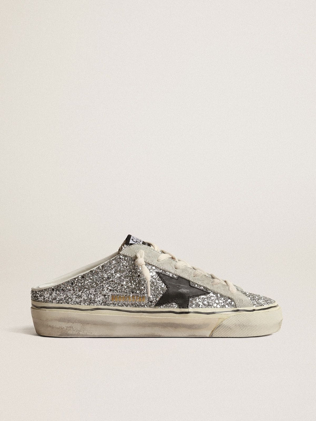 Women's Super-Star Sabot in silver glitter with black leather star