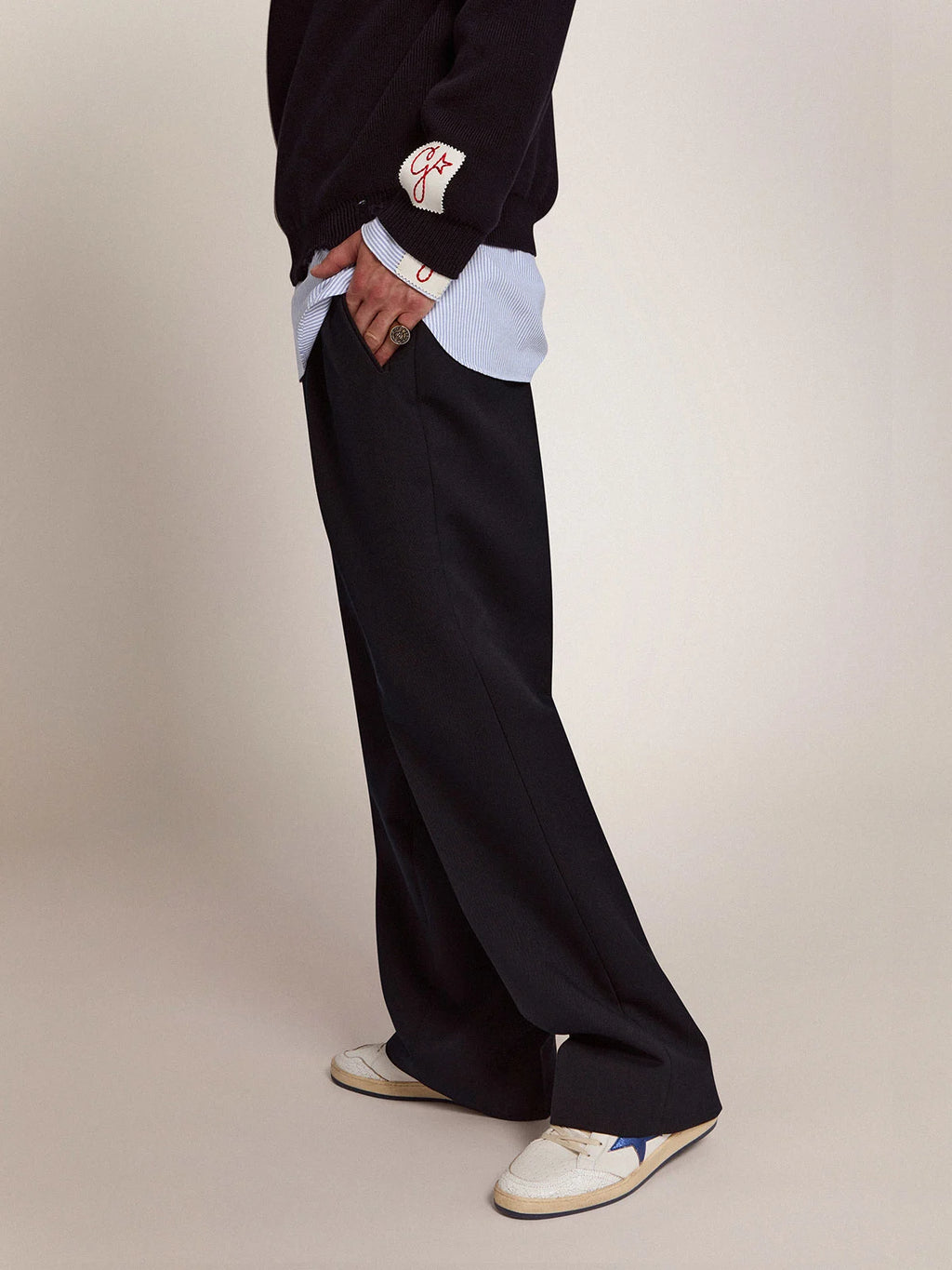 Pantalone dalla gamba ampia Collezione Golden in lana blu scuro
