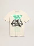 T-shirt Collezione Journey color bone white con scritte di colore nero e verde brillante sul davanti