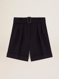 Shorts Collezione Golden in gabardine di lana nera con cintura in vita