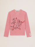 T-shirt con righe bianche e rosse e ricamo sul davanti
