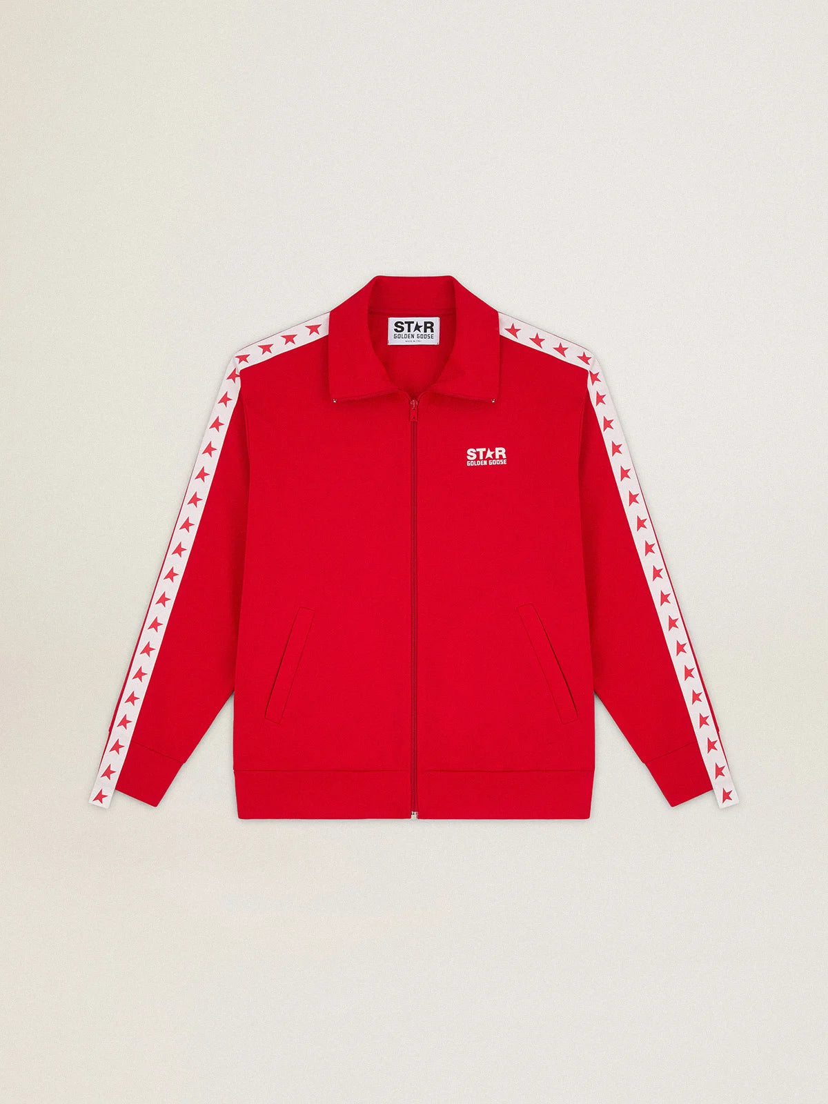 Felpa con zip da uomo di colore rosso con stelle rosse a contrasto
