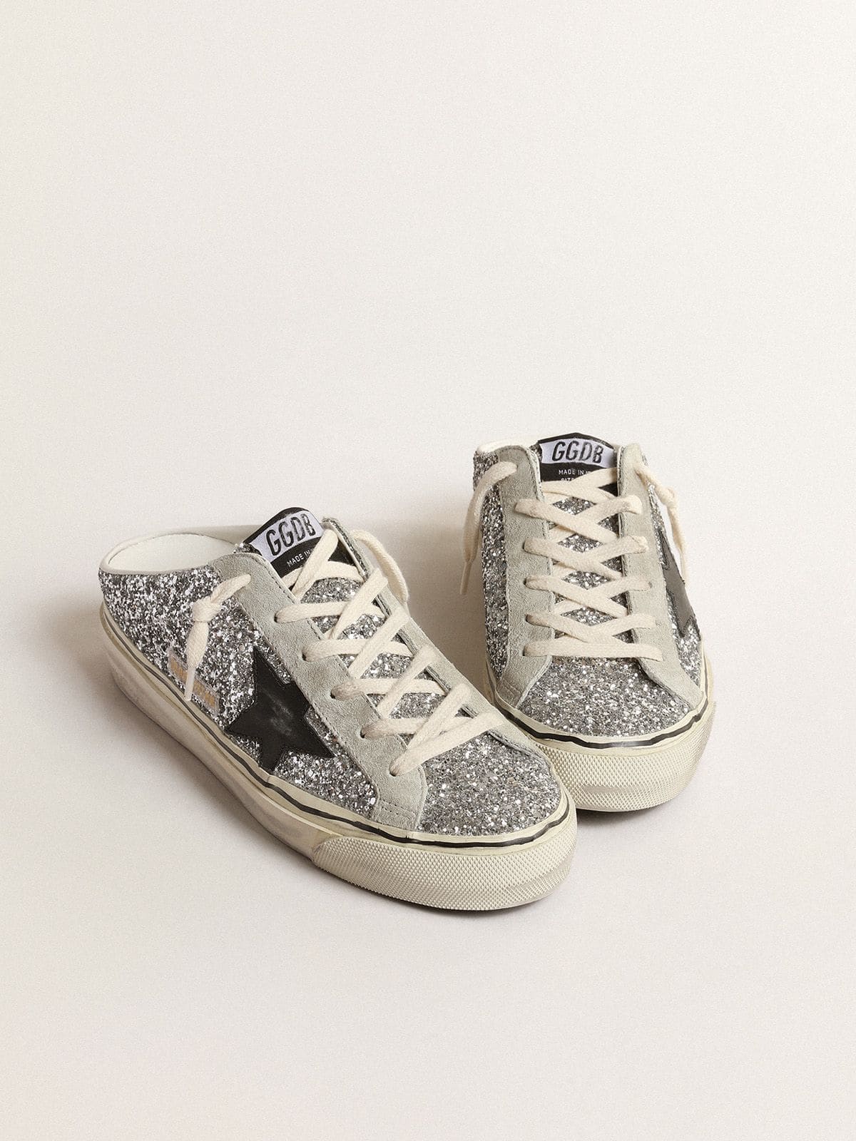 Women's Super-Star Sabot in silver glitter with black leather star