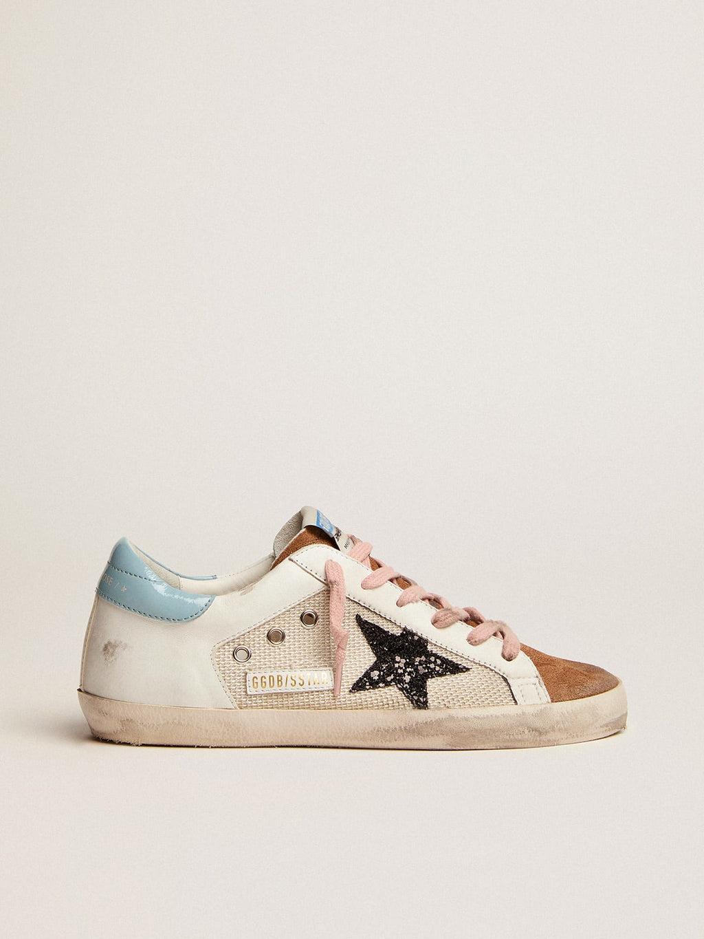 Sneaker Super-Star in rete grigio chiaro e pelle bianca con stella in glitter neri