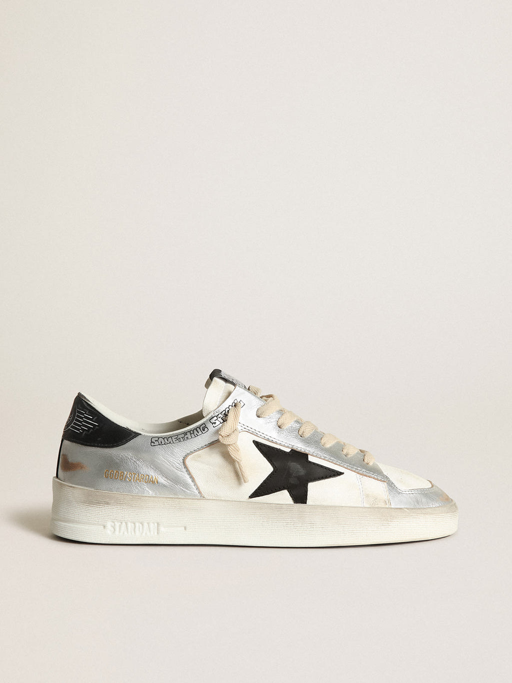 Sneaker Stardan Uomo in pelle laminata argento con inserti in nappa bianca e stella in pelle nera