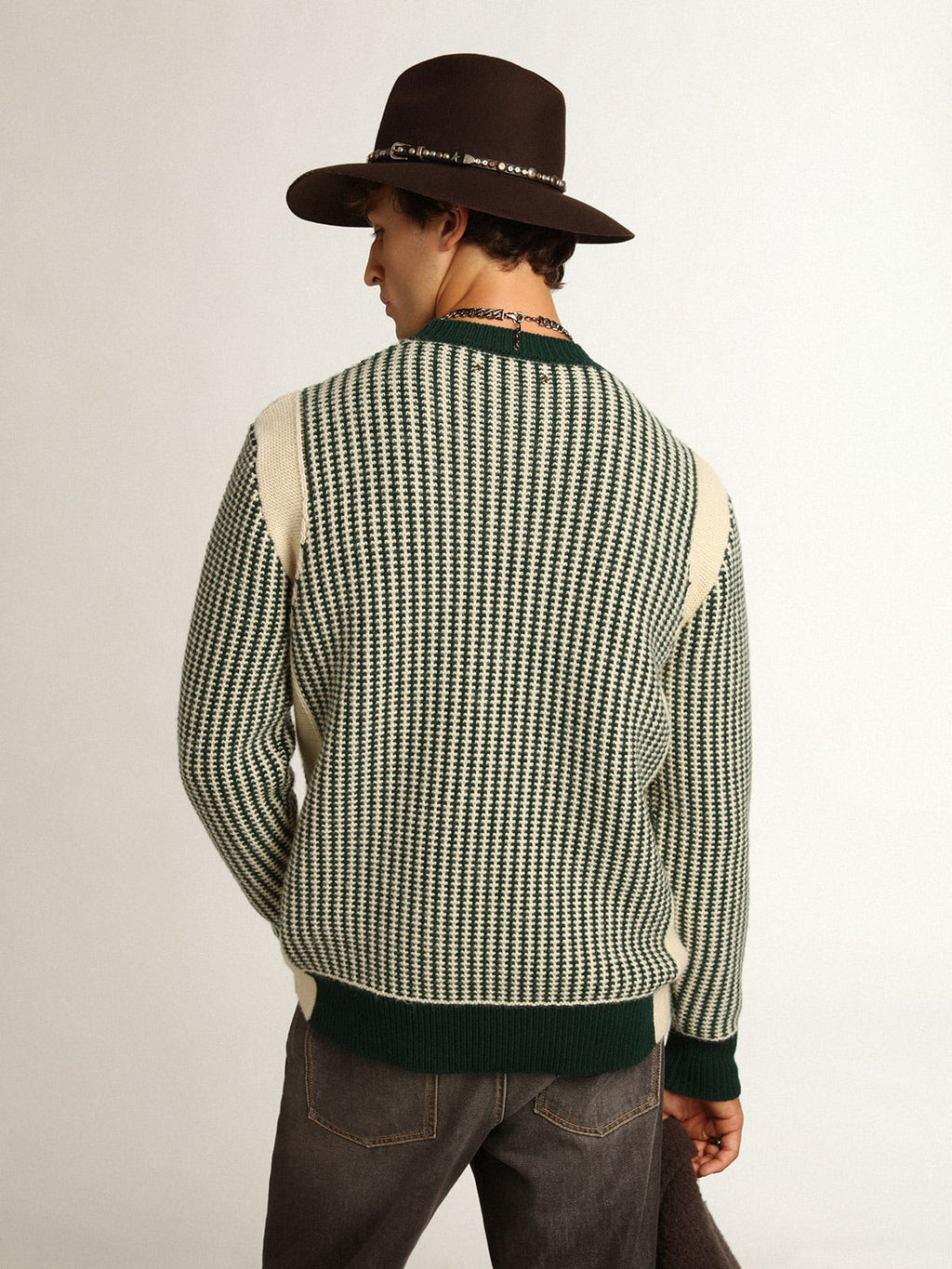Maglione girocollo Collezione Journey in lana bicolore bianca e verde