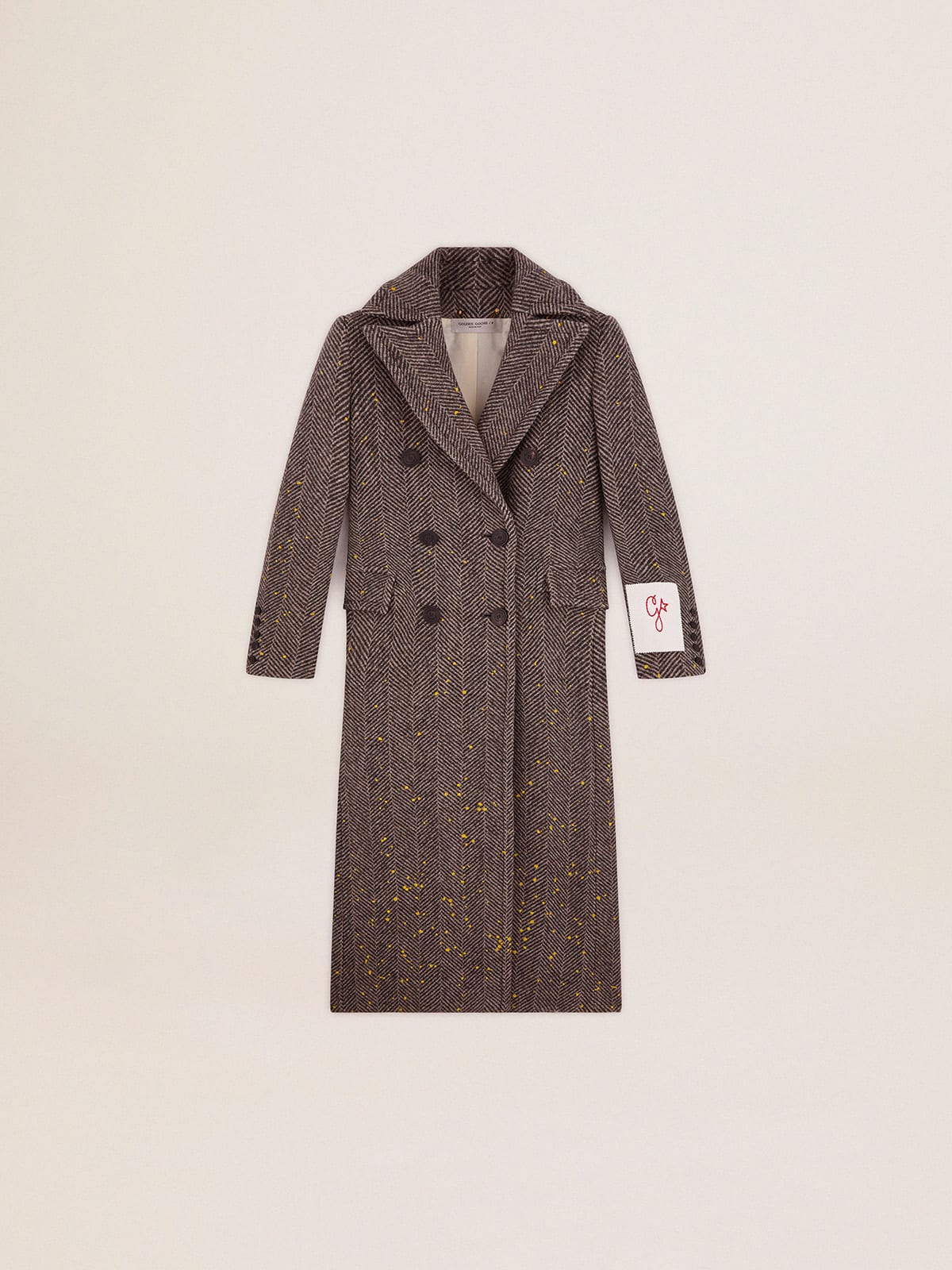 Cappotto lungo da donna herringbone con dettagli gialli