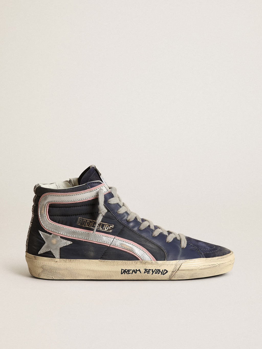 Sneaker Slide LTD in nylon blu con stella e virgola in pelle laminata argento