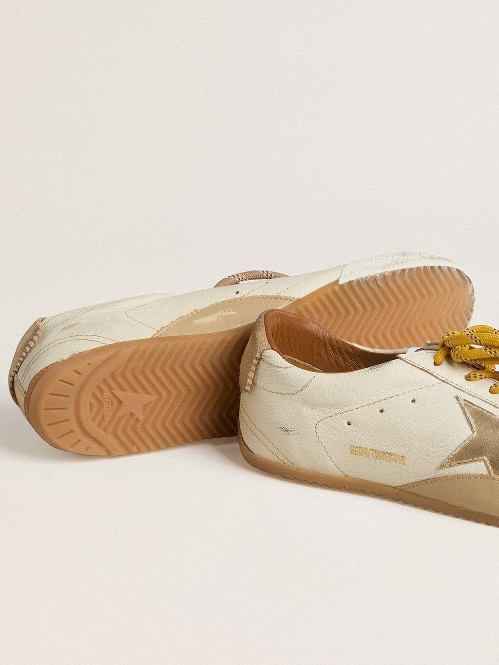 Men's True-Star in white nappa leather with gold foiled leather star and beige suede heel tab
