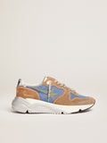 Sneaker Running Sole in rete azzurra con inserti in suede color tabacco e stella in suede color verde militare