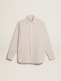 Camicia bianca da uomo in cotone con motivo a righe beige