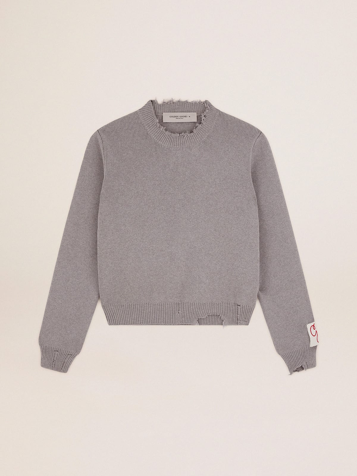 Maglione girocollo in cotone grigio dal trattamento distressed