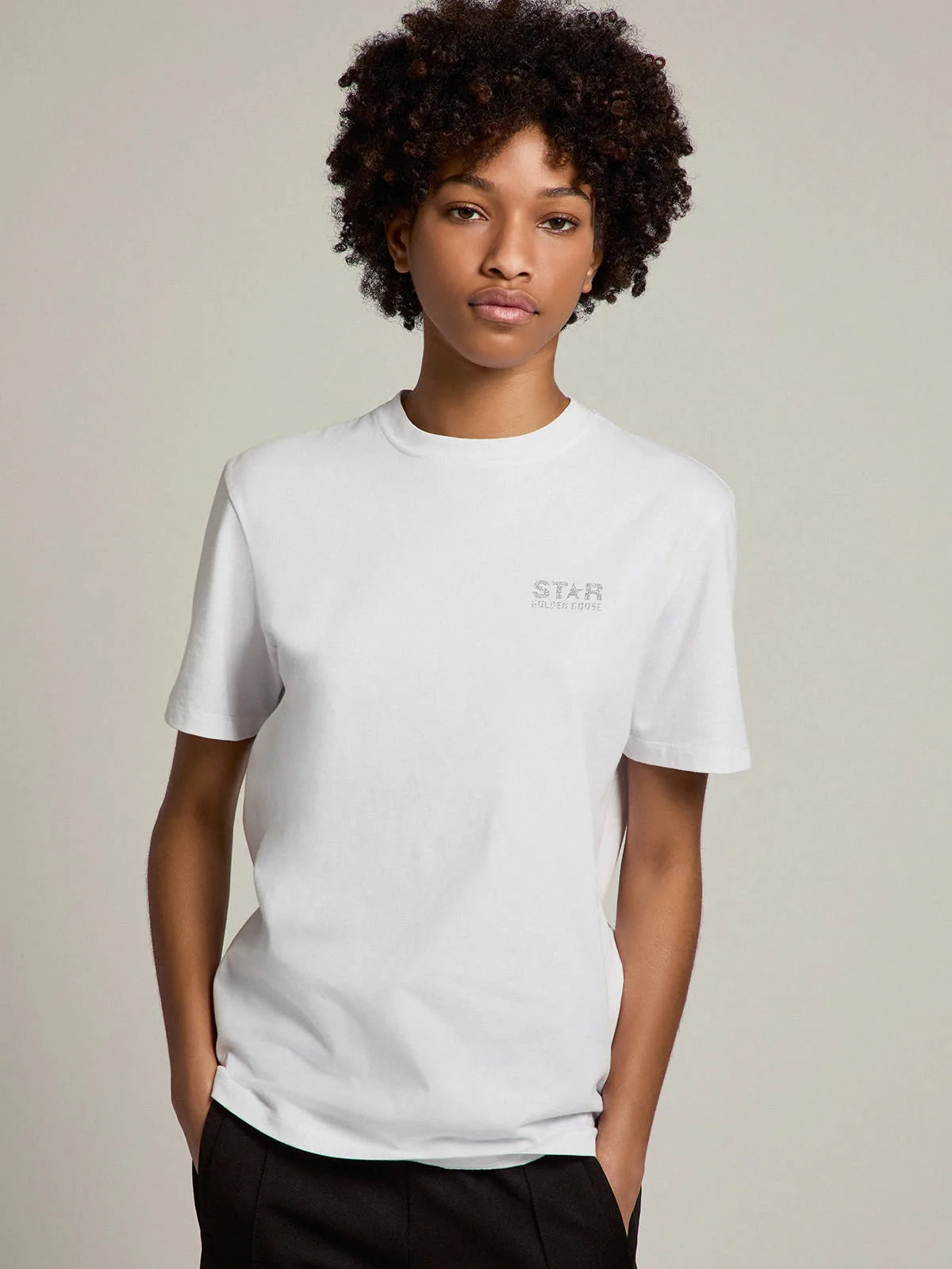 T-shirt bianca Collezione Star con logo e stella in glitter argento