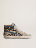 Slide in cavallino leopardato con stella in pelle laminata