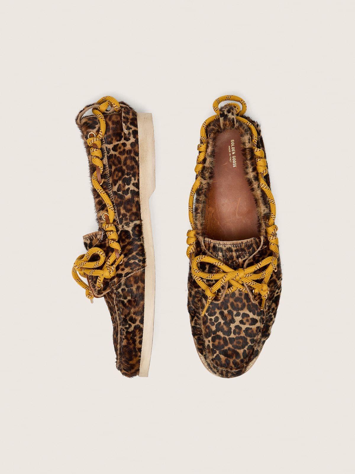 Women's Cruise loafer in leopard-print pony skin with yellow hiking laces