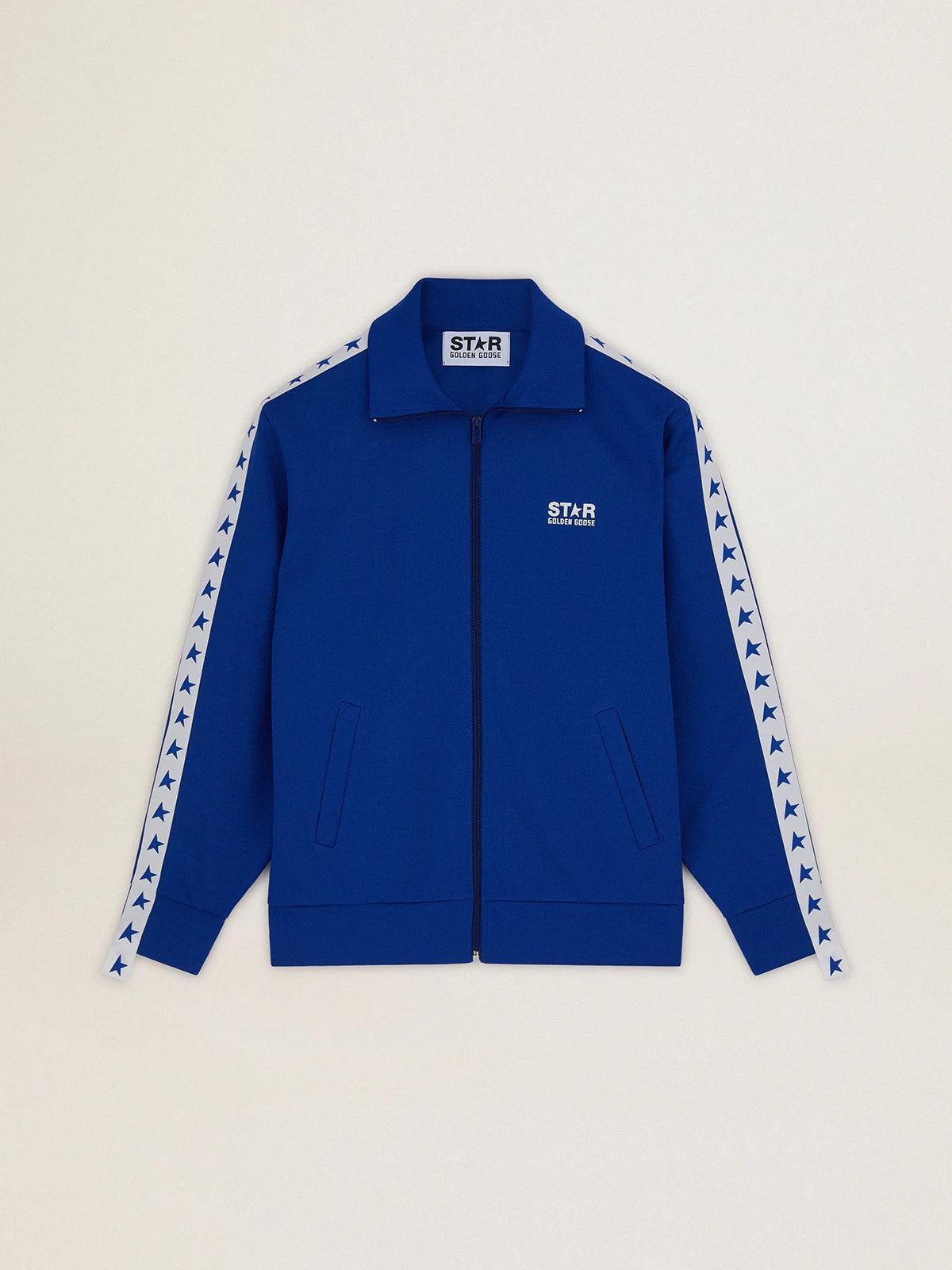 Felpa con zip da uomo di colore bluette con nastro bianco e stelle a contrasto