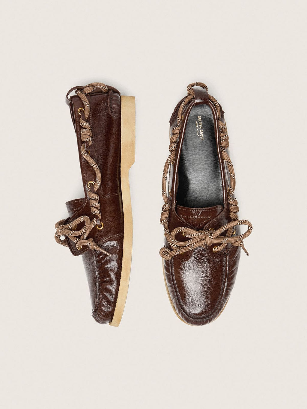 Men's Cruise loafers in glossy dark brown leather with dove gray hiking laces