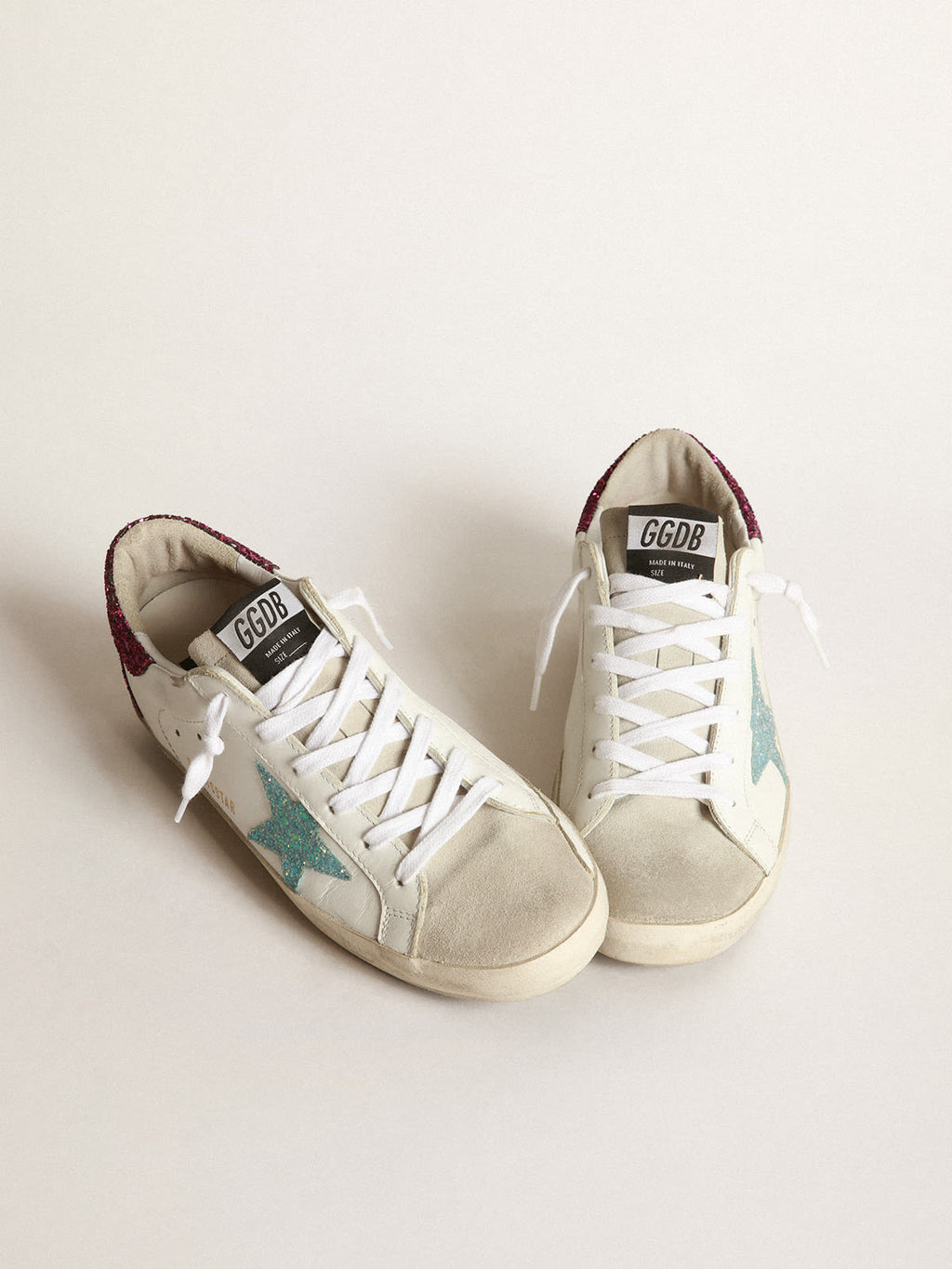Sneaker Super-Star con stella in glitter azzurri e talloncino in glitter viola