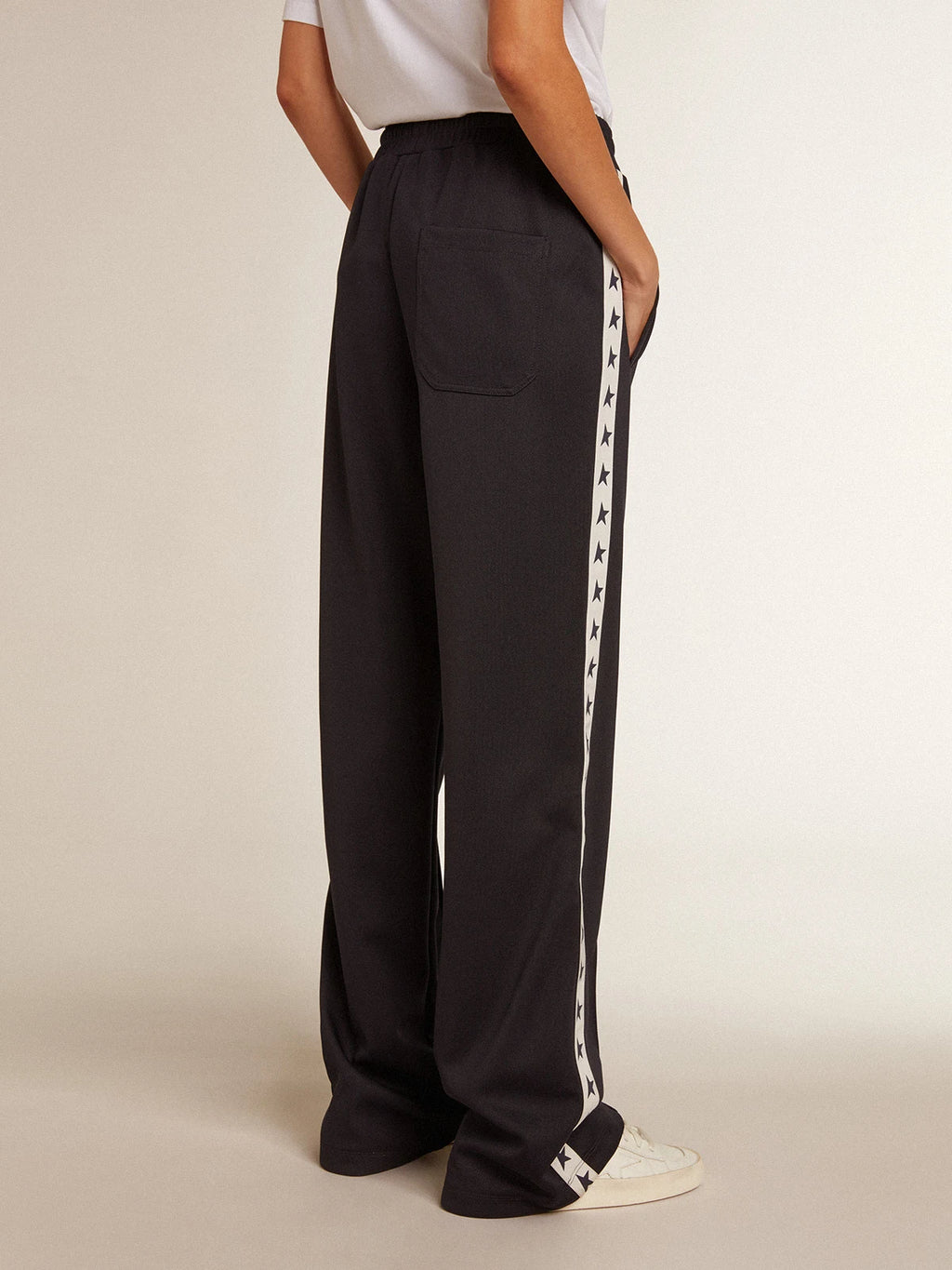 Pantalone jogging blu scuro con nastro bianco e stelle a contrasto