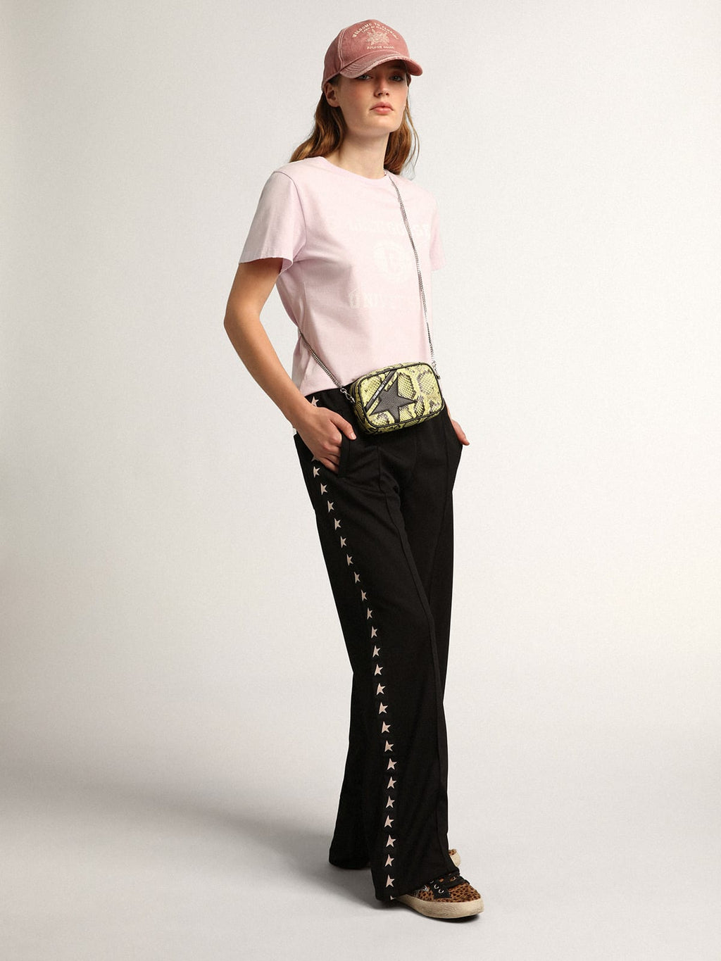 Borsa Mini Star Bag in pelle con stampa pitonata color lime e stella in pelle nera