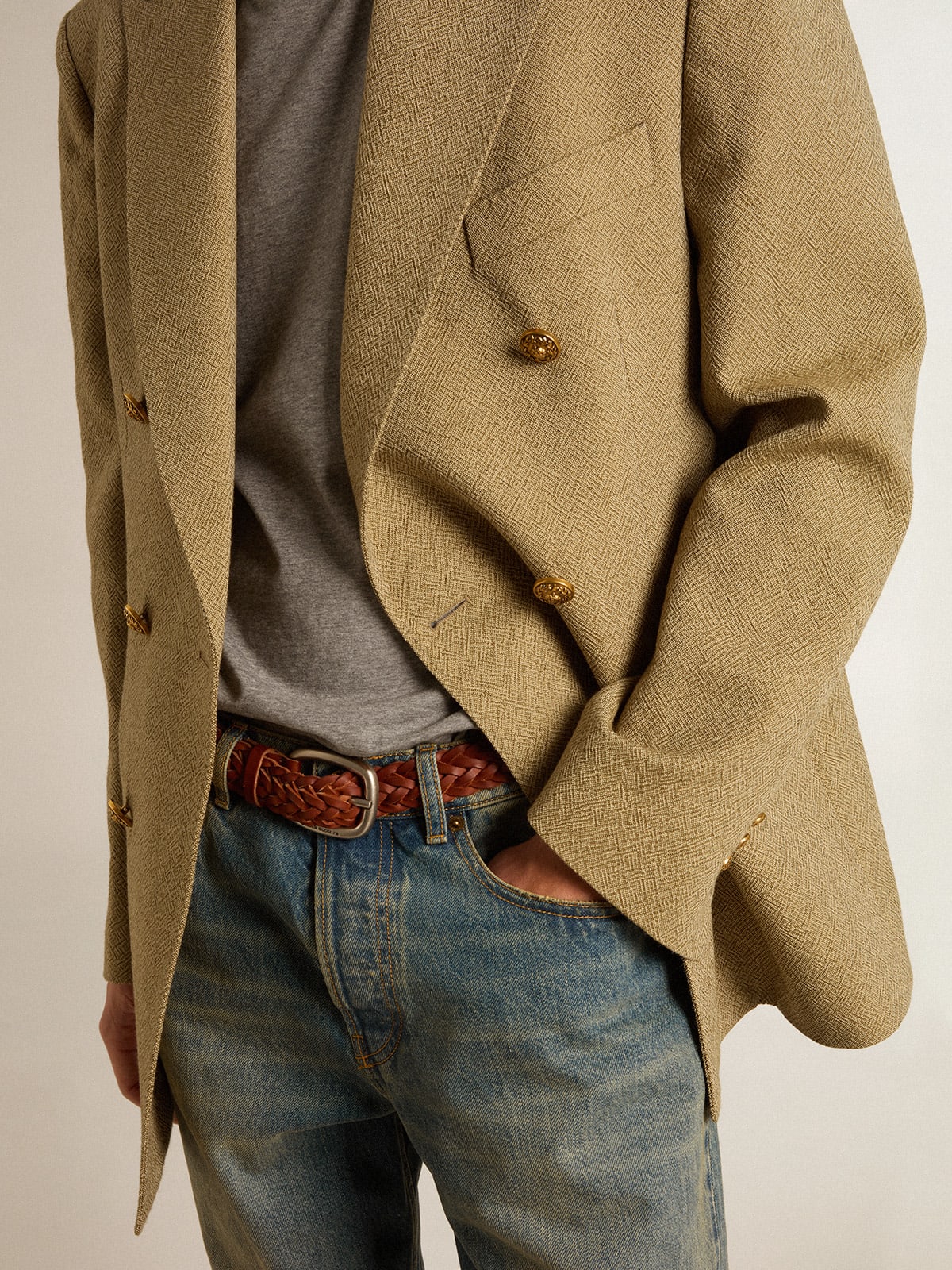 Blazer doppiopetto in lana da uomo di color faggio chiaro