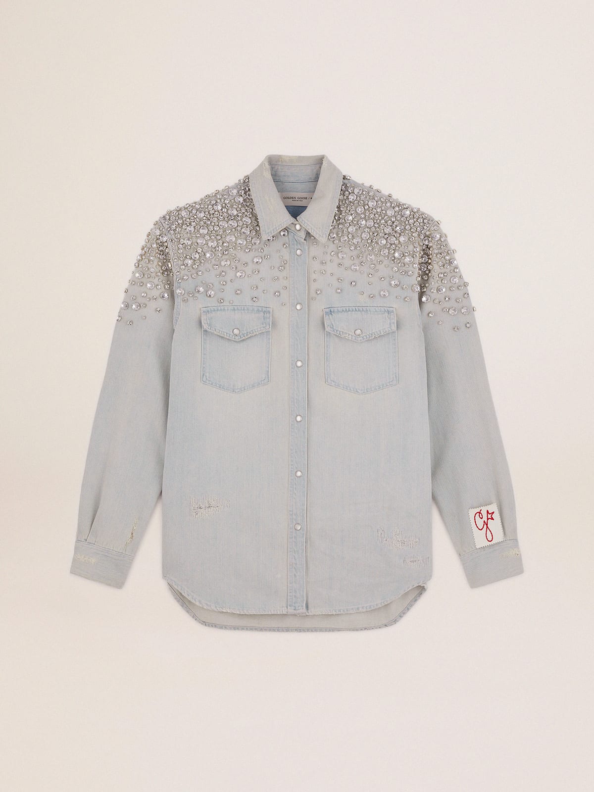 Camicia boyfriend bleached Collezione Golden con cristalli cabochon