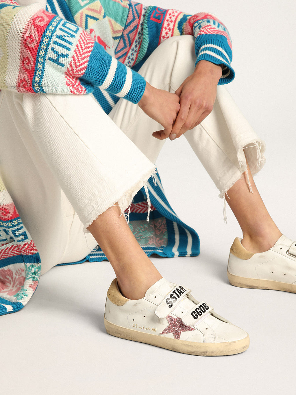 Sneaker Old School con stella in glitter rosa e talloncino in suede color sabbia