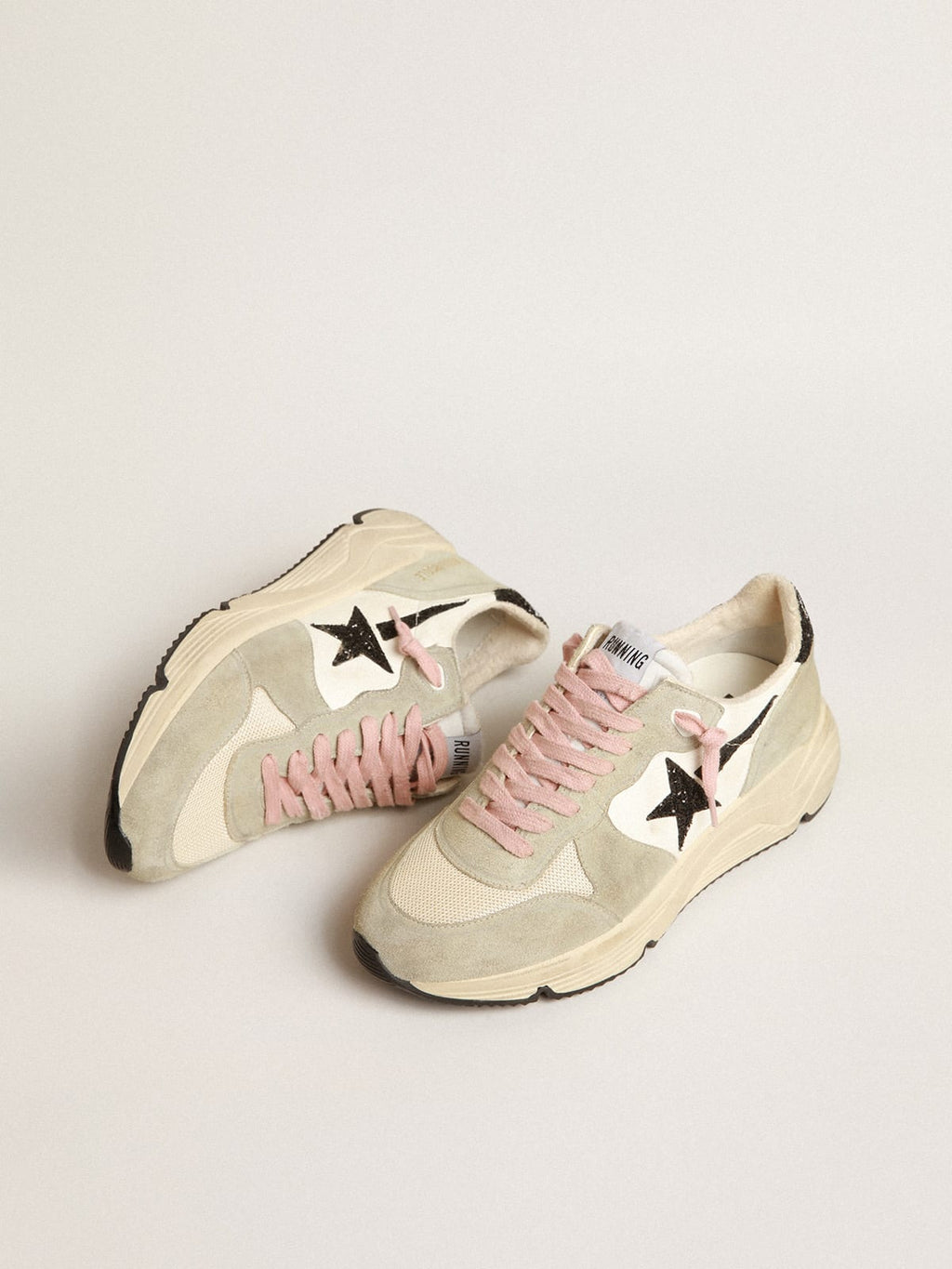 Running Sole con inserti in suede grigio e stella in glitter neri