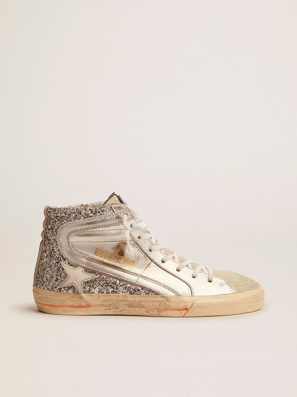 Sneaker Slide con tomaia in pelle laminata e glitter argento