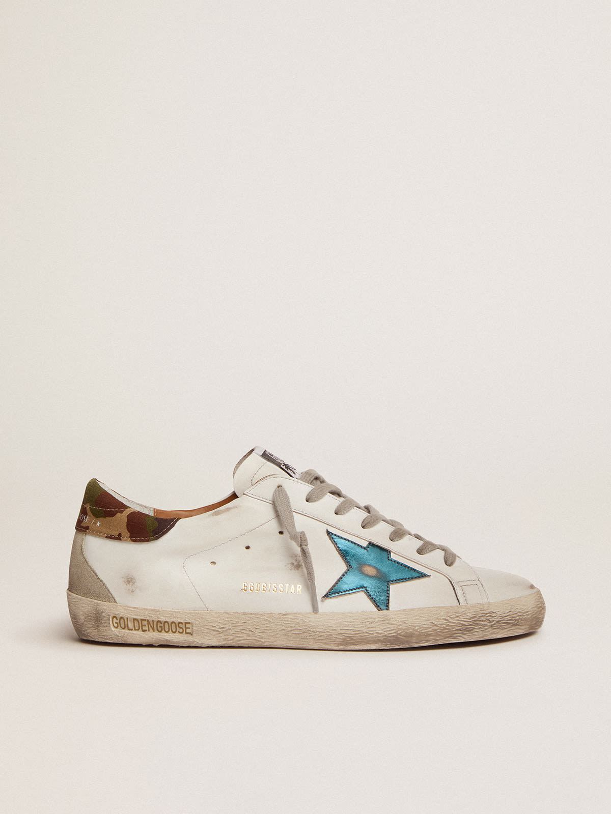 Sneaker Super-Star con stella in pelle laminata blu petrolio e talloncino in tessuto ripstop camou