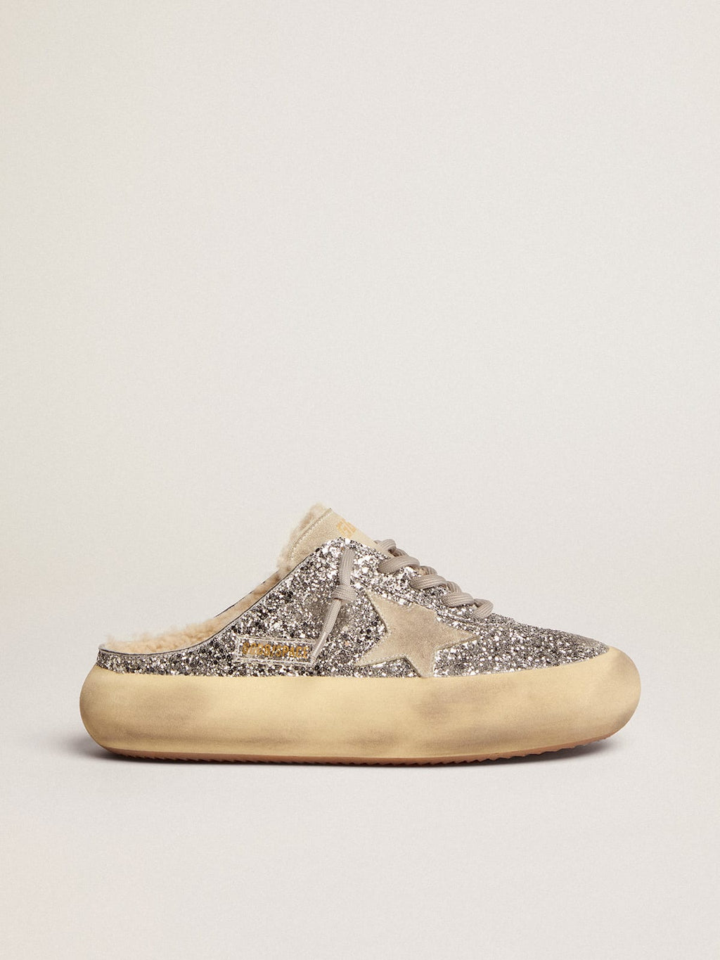 Scarpe Space-Star Sabot in glitter argento e fodera in shearling