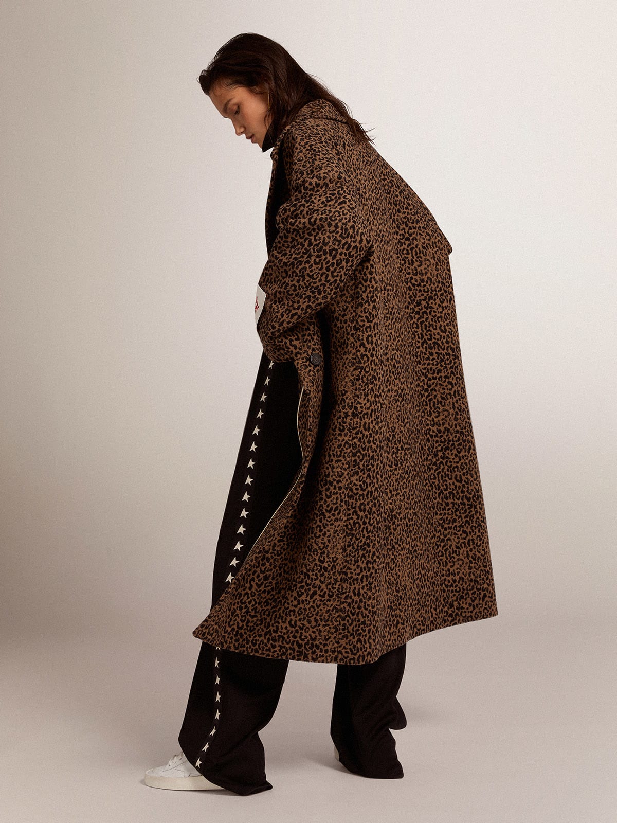 Cappotto monopetto cocoon in lana con motivo animalier jacquard