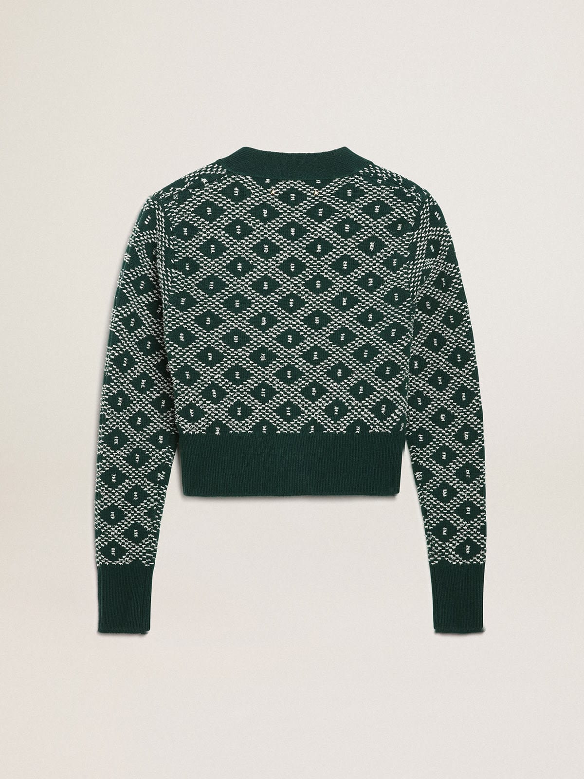 Cropped Cardigan Collezione Journey con jacquard a rombi nei toni del verde e del bianco