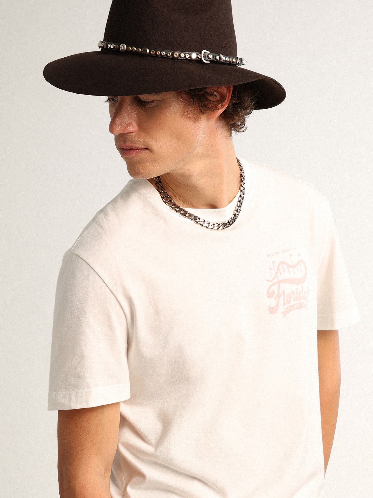 T-shirt bianca Collezione Journey con doppia stampa di colore lilla