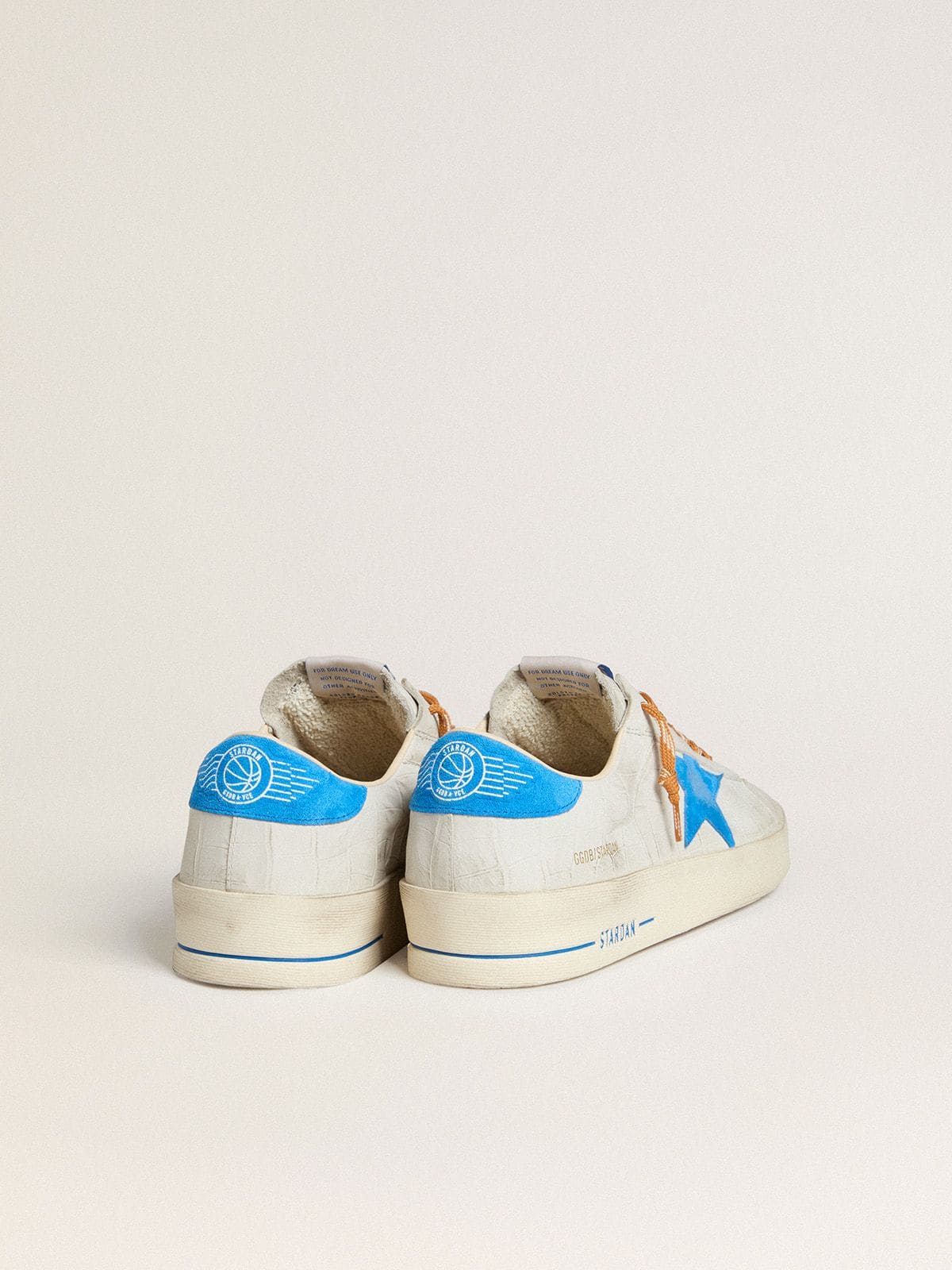 Stardan in white croc-print leather with light blue suede star and heel tab