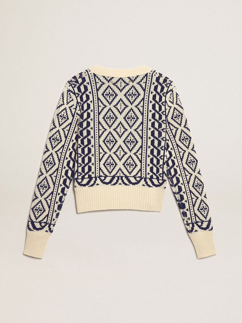 Maglione cropped girocollo a motivi geometrici color pergamena e blu