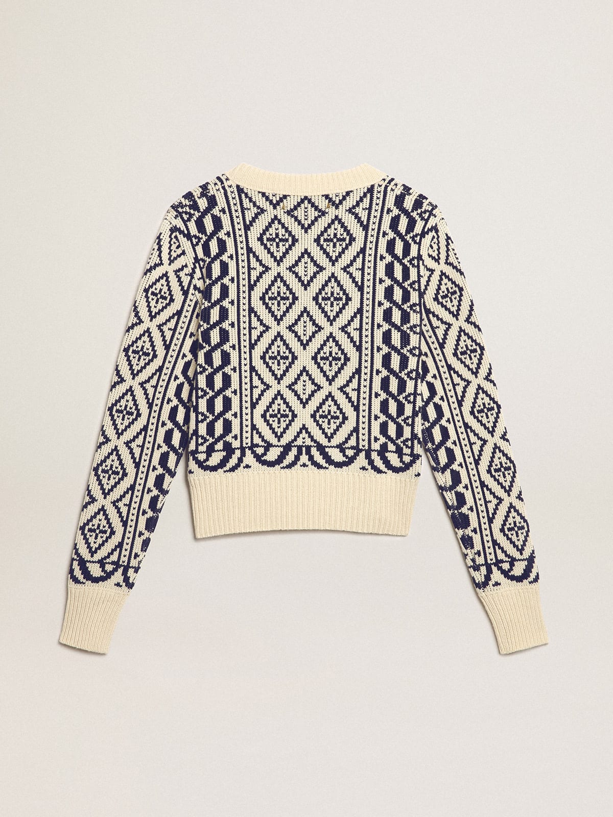 Maglione cropped girocollo a motivi geometrici color pergamena e blu