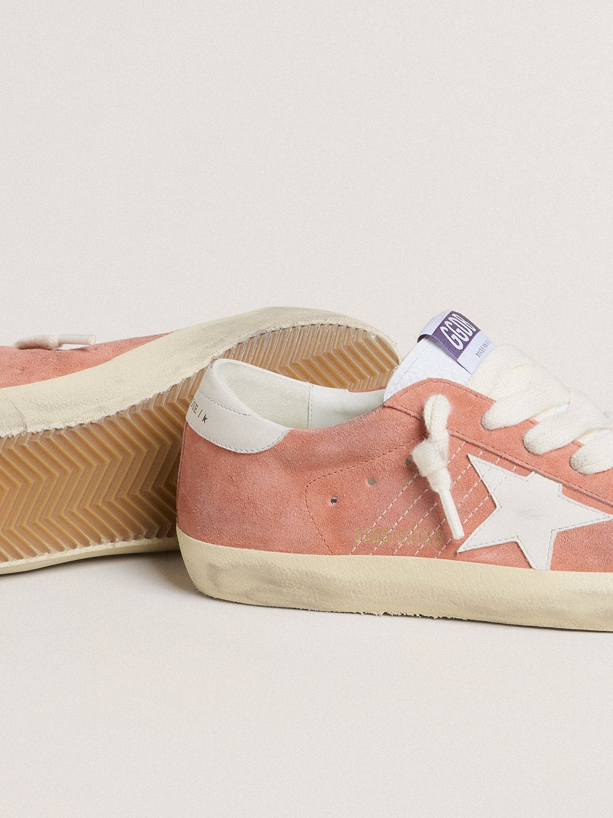 Women’s Super-Star in coral suede with white leather star and heel tab