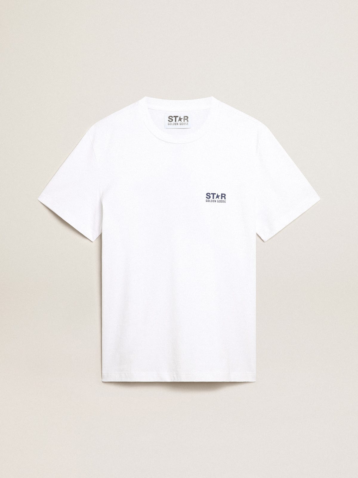 T-shirt bianca uomo con stella blu scuro sul retro
