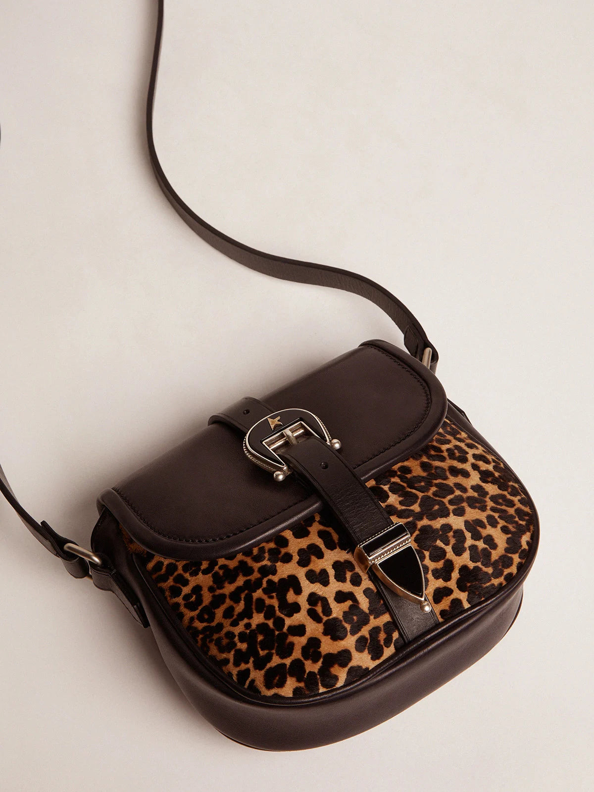 Borsa Rodeo Bag small in pelle nera e cavallino leopardato