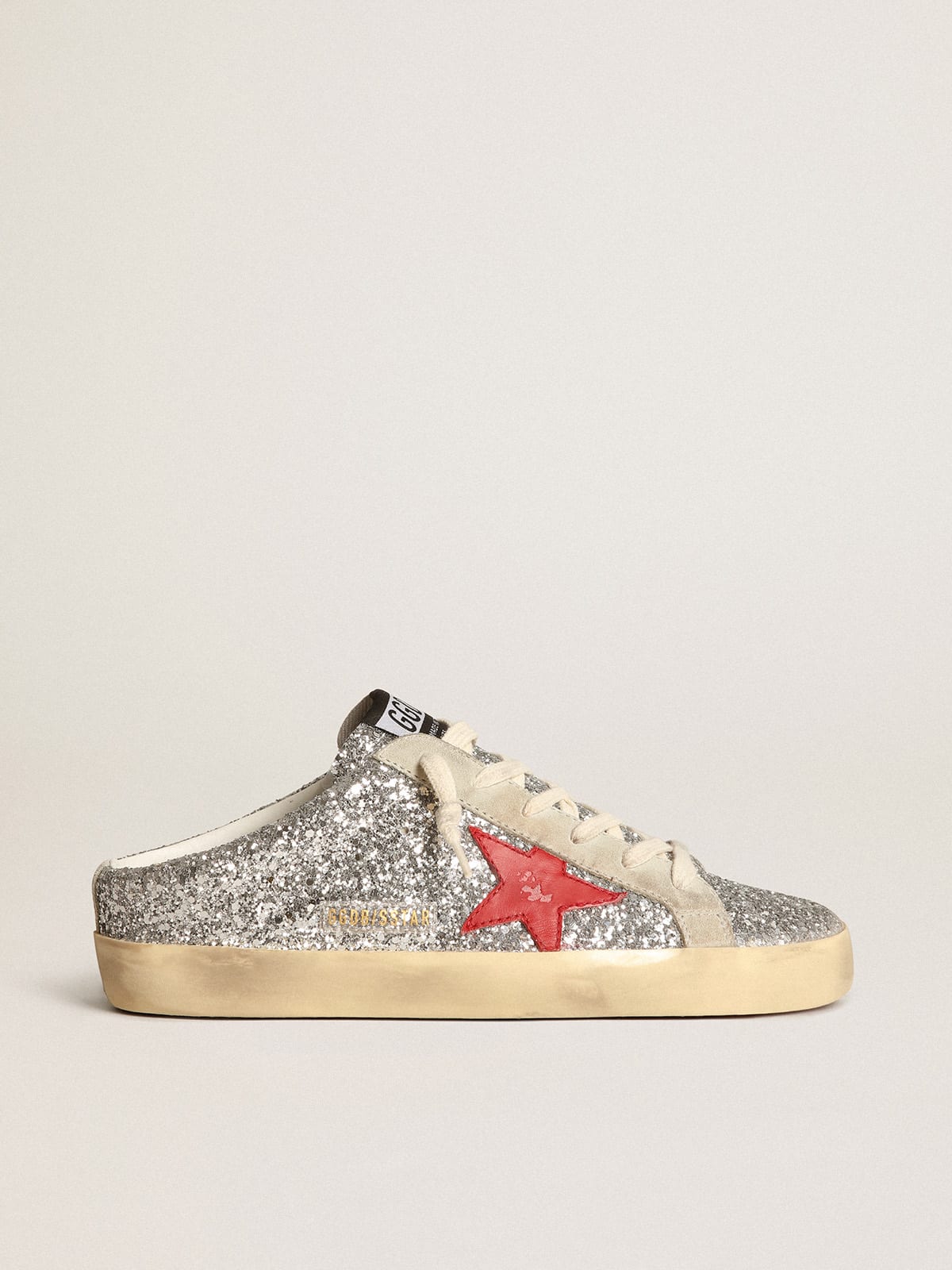 Super-Star Sabot in glitter argento con stella in pelle rossa