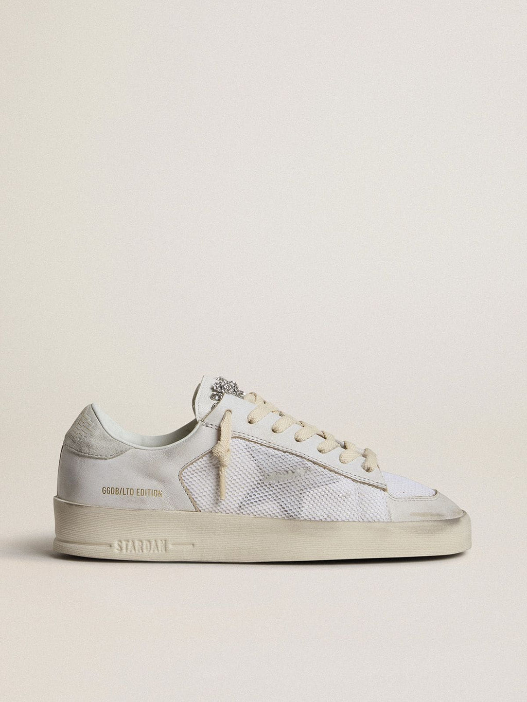 Stardan LTD in white leather with star and heel tab in ice-gray suede