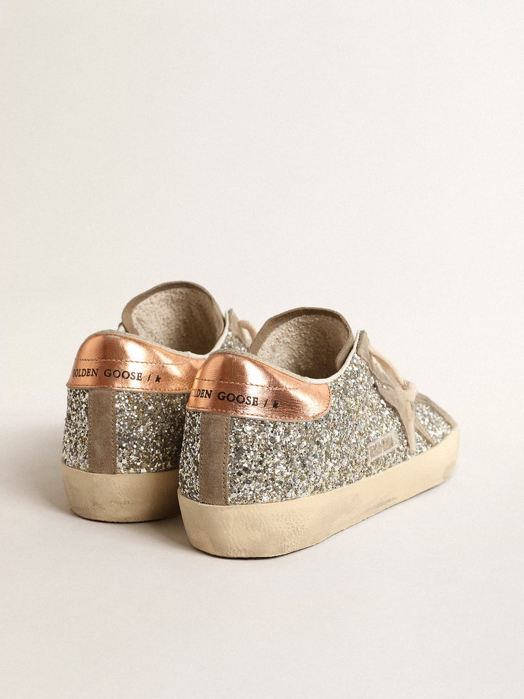 Super-Star in glitter platino con stella in suede color tortora