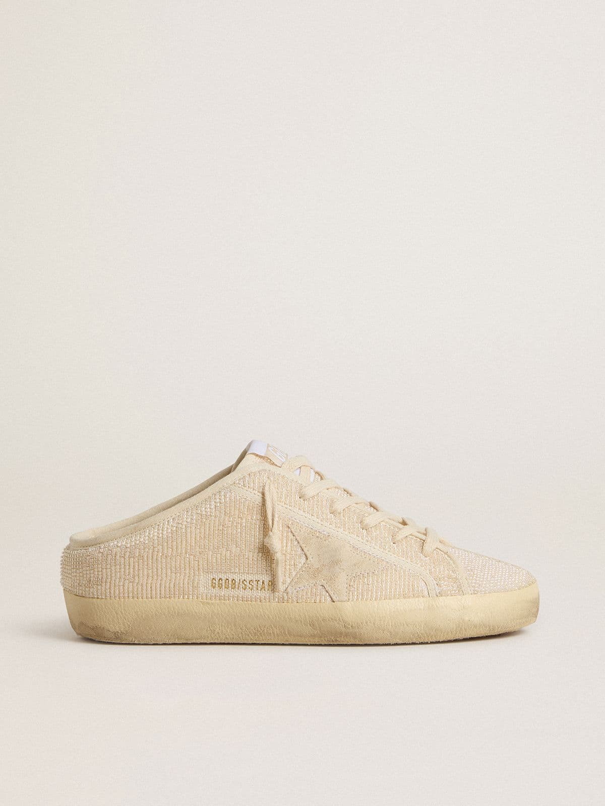 Women's Super-Star Sabot in beige canvas with embroidered beads and beige suede star