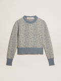Maglione cropped girocollo con motivo lettering-jacquard color azzurro