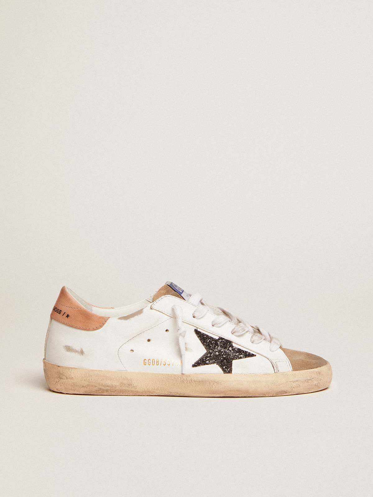 Sneaker Super-Star con stella in glitter neri e talloncino in pelle color rosa antico