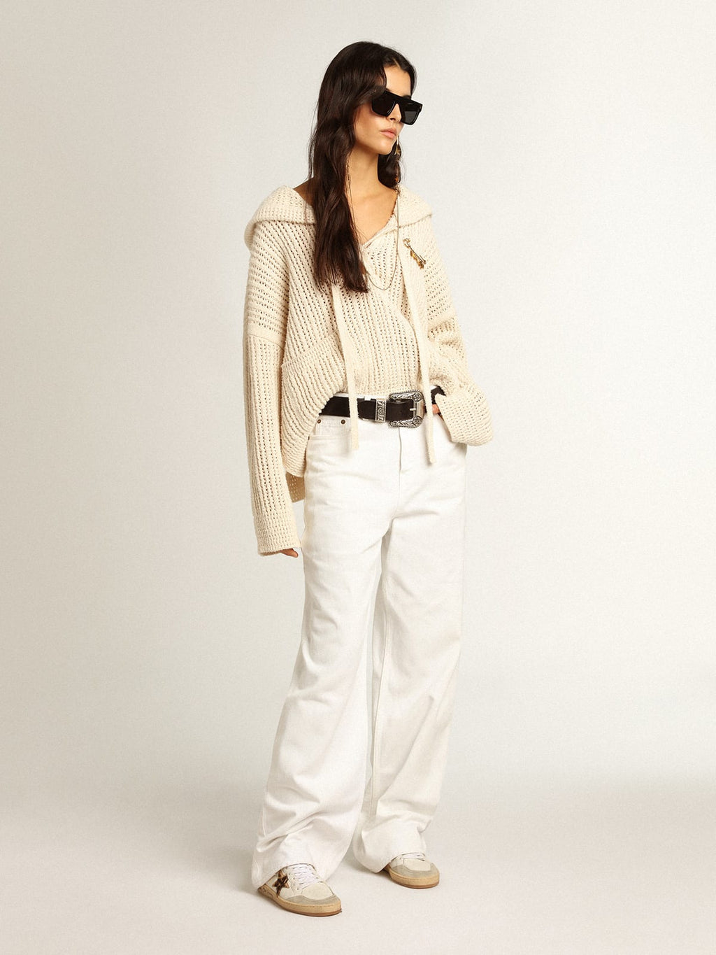 Pantalone jeans gamba larga in bull denim color bianco